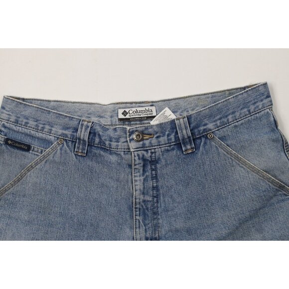 Vtg Columbia Mens 34 Distressed Spell Out Dungaree Above Knee Denim Jean Shorts - Picture 2 of 13